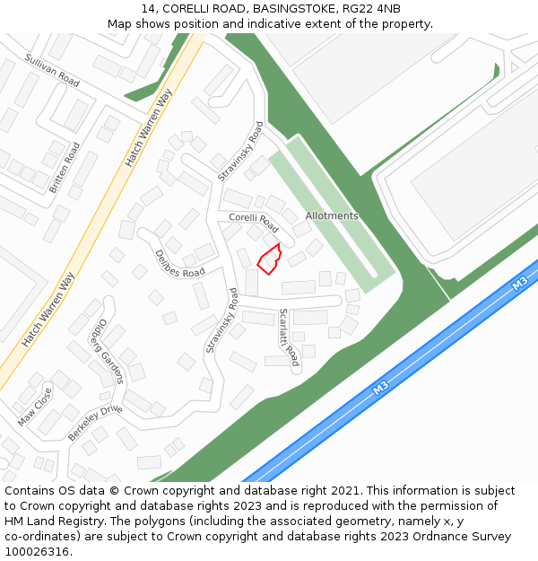 14, CORELLI ROAD, BASINGSTOKE, RG22 4NB: Location map and indicative extent of plot