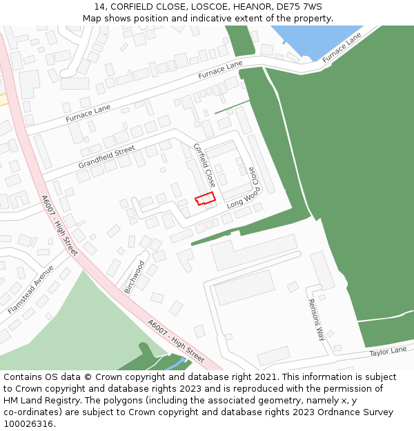 14, CORFIELD CLOSE, LOSCOE, HEANOR, DE75 7WS: Location map and indicative extent of plot