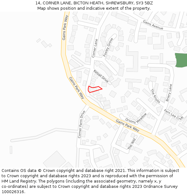 14, CORNER LANE, BICTON HEATH, SHREWSBURY, SY3 5BZ: Location map and indicative extent of plot