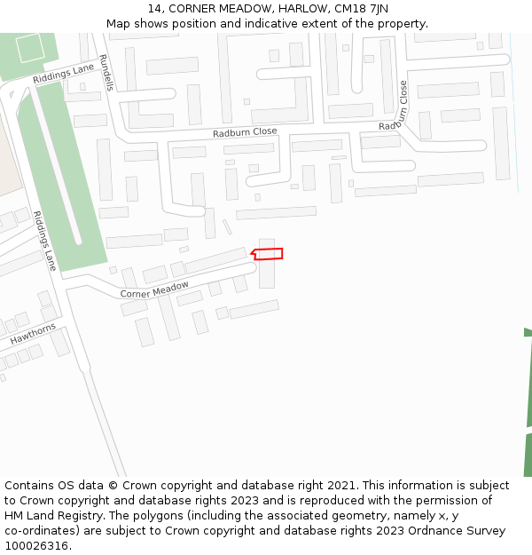 14, CORNER MEADOW, HARLOW, CM18 7JN: Location map and indicative extent of plot