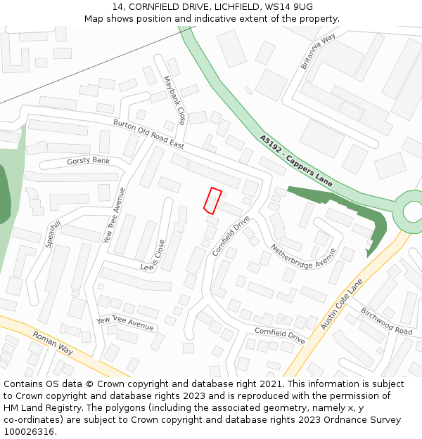 14, CORNFIELD DRIVE, LICHFIELD, WS14 9UG: Location map and indicative extent of plot