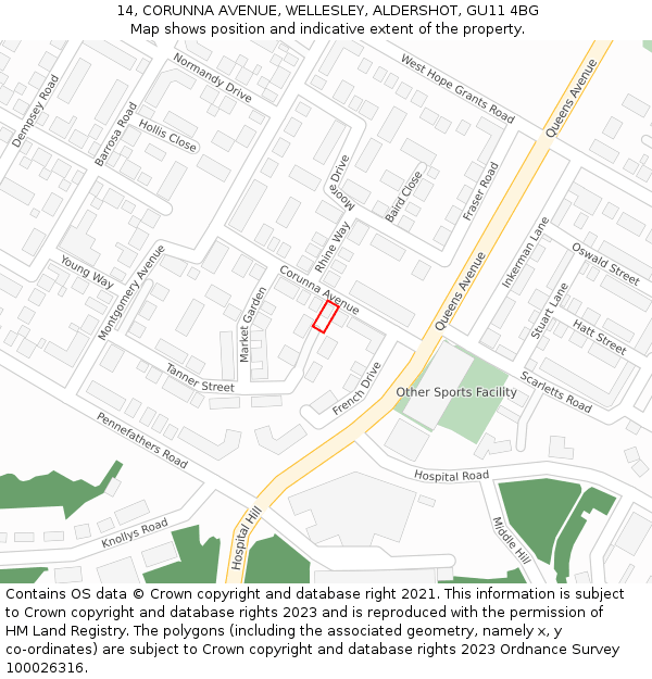 14, CORUNNA AVENUE, WELLESLEY, ALDERSHOT, GU11 4BG: Location map and indicative extent of plot