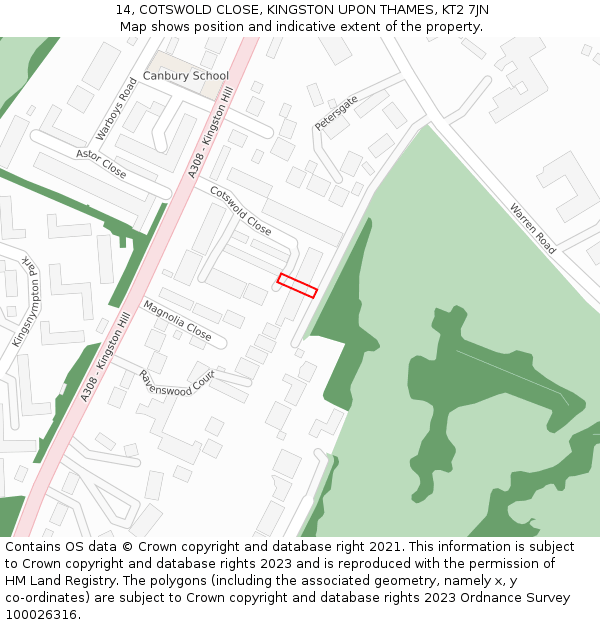 14, COTSWOLD CLOSE, KINGSTON UPON THAMES, KT2 7JN: Location map and indicative extent of plot