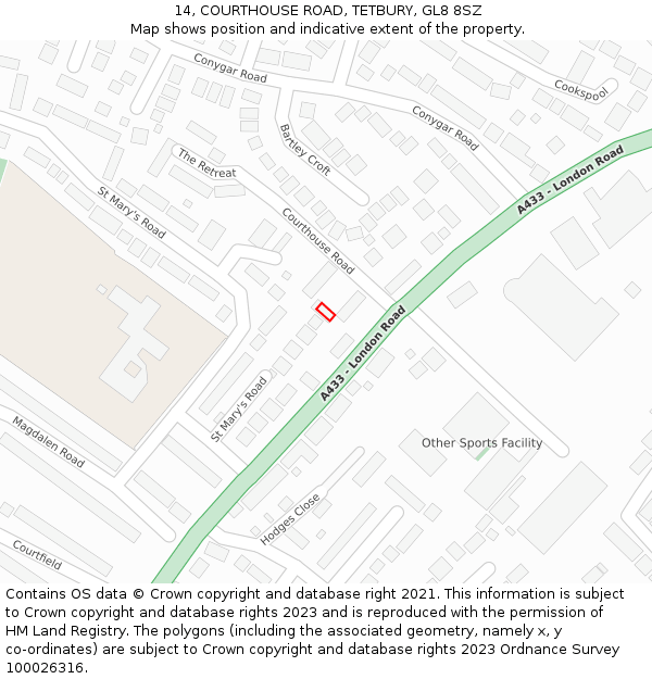 14, COURTHOUSE ROAD, TETBURY, GL8 8SZ: Location map and indicative extent of plot