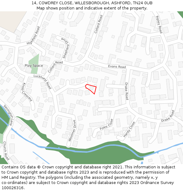 14, COWDREY CLOSE, WILLESBOROUGH, ASHFORD, TN24 0UB: Location map and indicative extent of plot