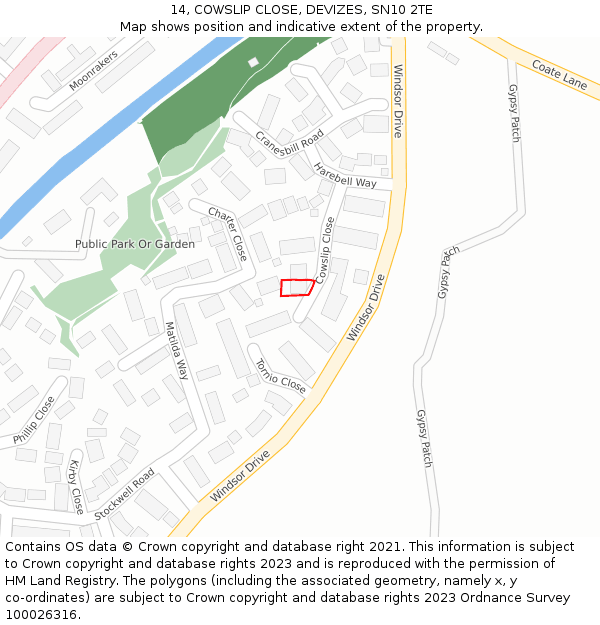 14, COWSLIP CLOSE, DEVIZES, SN10 2TE: Location map and indicative extent of plot