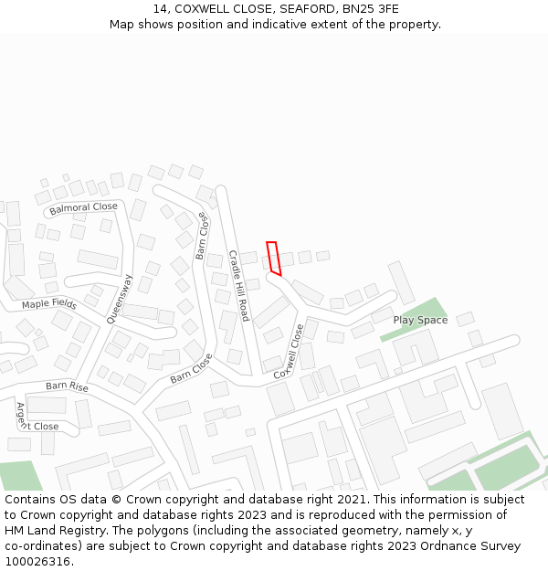 14, COXWELL CLOSE, SEAFORD, BN25 3FE: Location map and indicative extent of plot