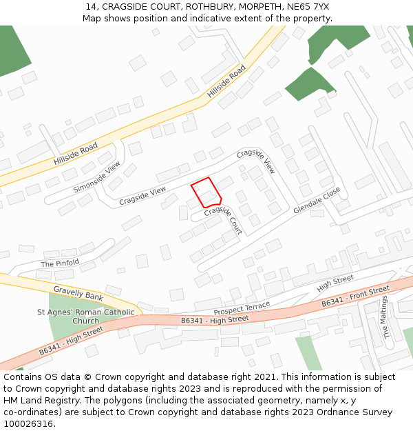 14, CRAGSIDE COURT, ROTHBURY, MORPETH, NE65 7YX: Location map and indicative extent of plot