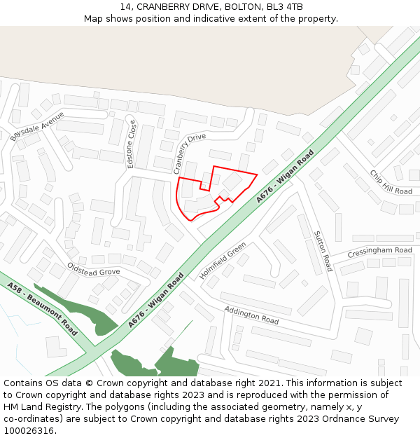 14, CRANBERRY DRIVE, BOLTON, BL3 4TB: Location map and indicative extent of plot