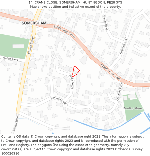 14, CRANE CLOSE, SOMERSHAM, HUNTINGDON, PE28 3YG: Location map and indicative extent of plot