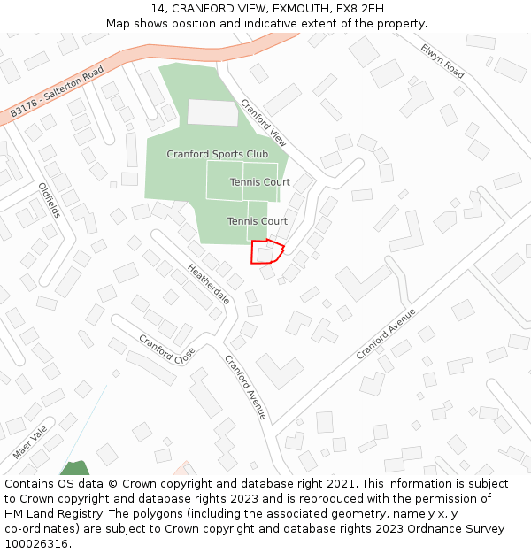 14, CRANFORD VIEW, EXMOUTH, EX8 2EH: Location map and indicative extent of plot