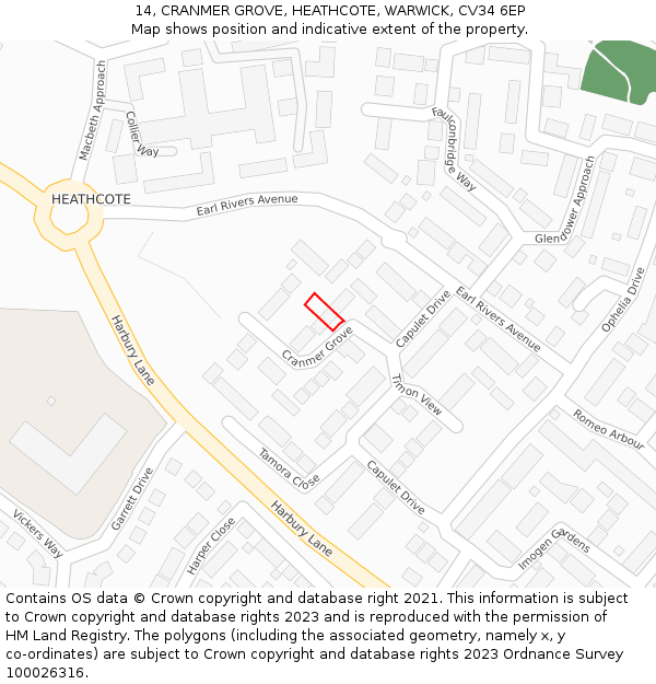 14, CRANMER GROVE, HEATHCOTE, WARWICK, CV34 6EP: Location map and indicative extent of plot