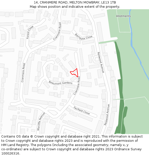 14, CRANMERE ROAD, MELTON MOWBRAY, LE13 1TB: Location map and indicative extent of plot