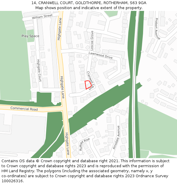 14, CRANWELL COURT, GOLDTHORPE, ROTHERHAM, S63 9GA: Location map and indicative extent of plot