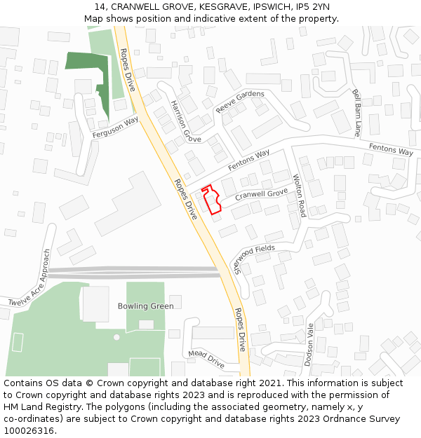 14, CRANWELL GROVE, KESGRAVE, IPSWICH, IP5 2YN: Location map and indicative extent of plot
