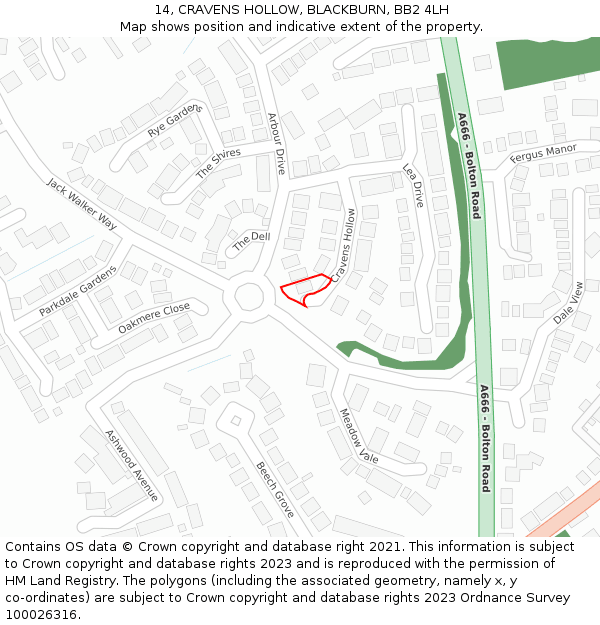 14, CRAVENS HOLLOW, BLACKBURN, BB2 4LH: Location map and indicative extent of plot