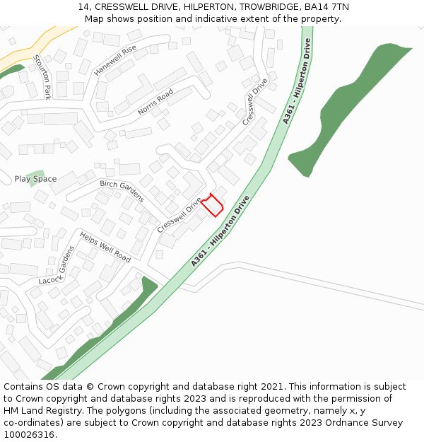 14, CRESSWELL DRIVE, HILPERTON, TROWBRIDGE, BA14 7TN: Location map and indicative extent of plot