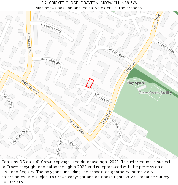 14, CRICKET CLOSE, DRAYTON, NORWICH, NR8 6YA: Location map and indicative extent of plot