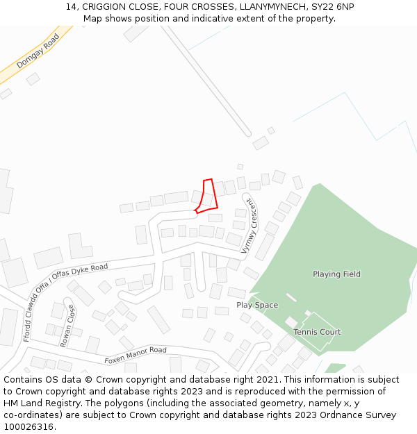 14, CRIGGION CLOSE, FOUR CROSSES, LLANYMYNECH, SY22 6NP: Location map and indicative extent of plot
