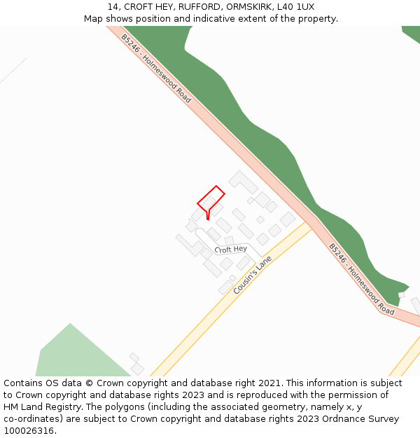 14, CROFT HEY, RUFFORD, ORMSKIRK, L40 1UX: Location map and indicative extent of plot