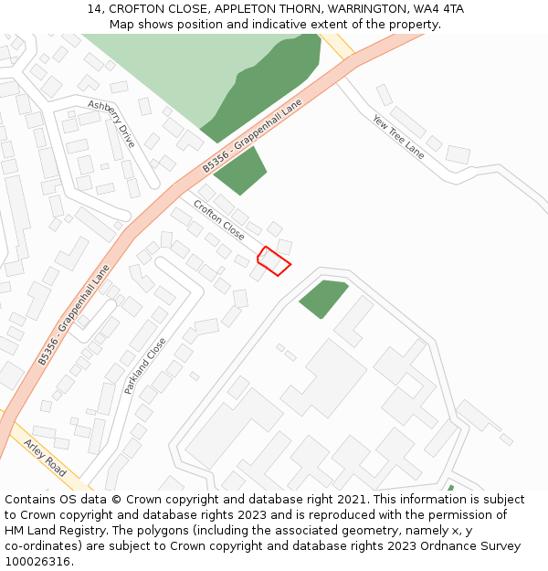 14, CROFTON CLOSE, APPLETON THORN, WARRINGTON, WA4 4TA: Location map and indicative extent of plot