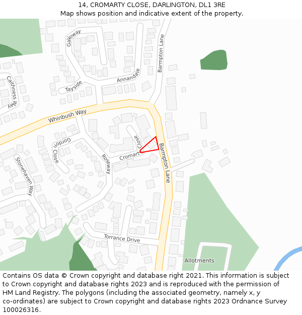 14, CROMARTY CLOSE, DARLINGTON, DL1 3RE: Location map and indicative extent of plot