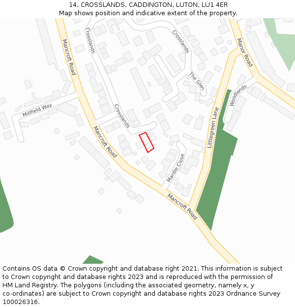 14, CROSSLANDS, CADDINGTON, LUTON, LU1 4ER: Location map and indicative extent of plot