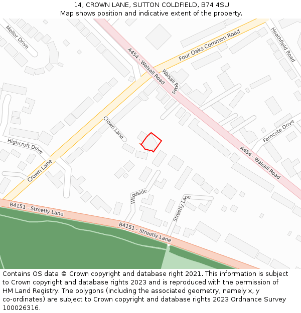 14, CROWN LANE, SUTTON COLDFIELD, B74 4SU: Location map and indicative extent of plot