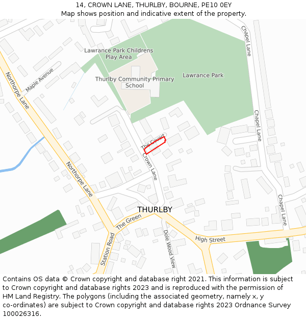 14, CROWN LANE, THURLBY, BOURNE, PE10 0EY: Location map and indicative extent of plot
