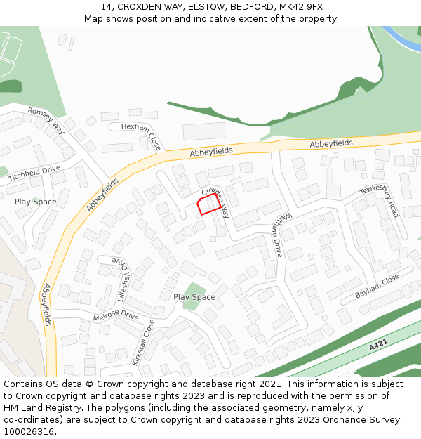 14, CROXDEN WAY, ELSTOW, BEDFORD, MK42 9FX: Location map and indicative extent of plot