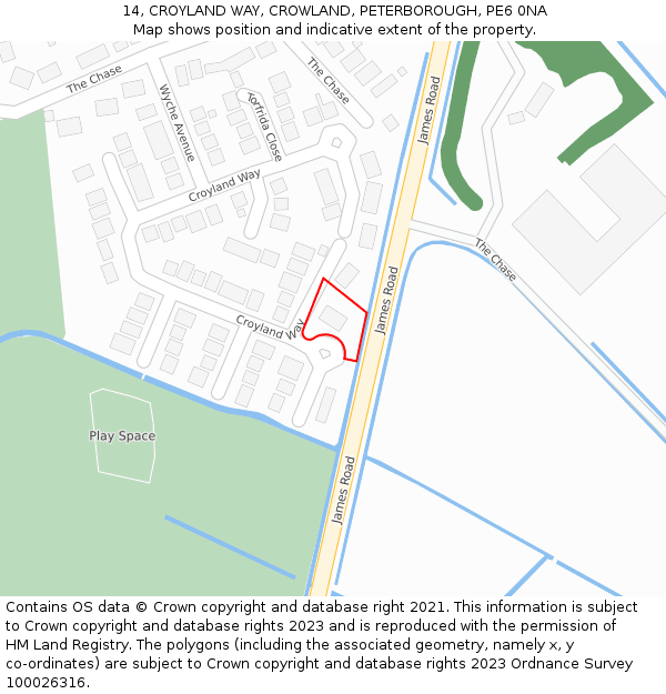 14, CROYLAND WAY, CROWLAND, PETERBOROUGH, PE6 0NA: Location map and indicative extent of plot