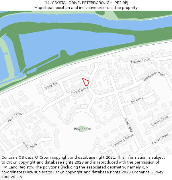 14, CRYSTAL DRIVE, PETERBOROUGH, PE2 9RJ: Location map and indicative extent of plot