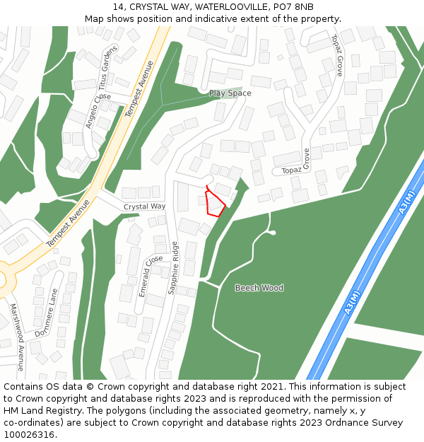 14, CRYSTAL WAY, WATERLOOVILLE, PO7 8NB: Location map and indicative extent of plot