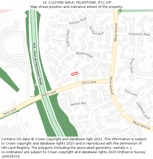 14, CULFORD WALK, FELIXSTOWE, IP11 2YF: Location map and indicative extent of plot