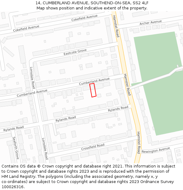 14, CUMBERLAND AVENUE, SOUTHEND-ON-SEA, SS2 4LF: Location map and indicative extent of plot