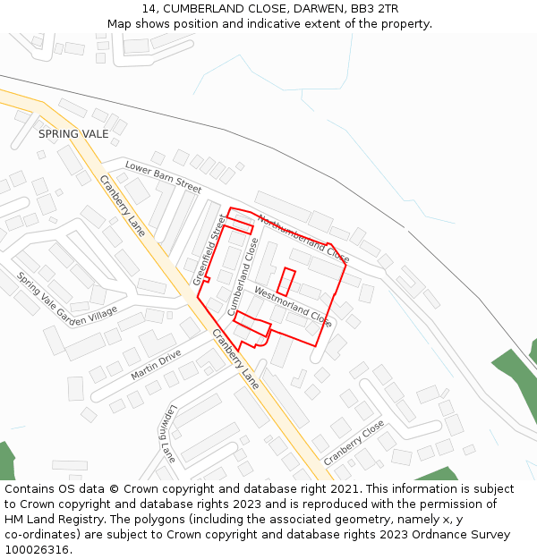 14, CUMBERLAND CLOSE, DARWEN, BB3 2TR: Location map and indicative extent of plot