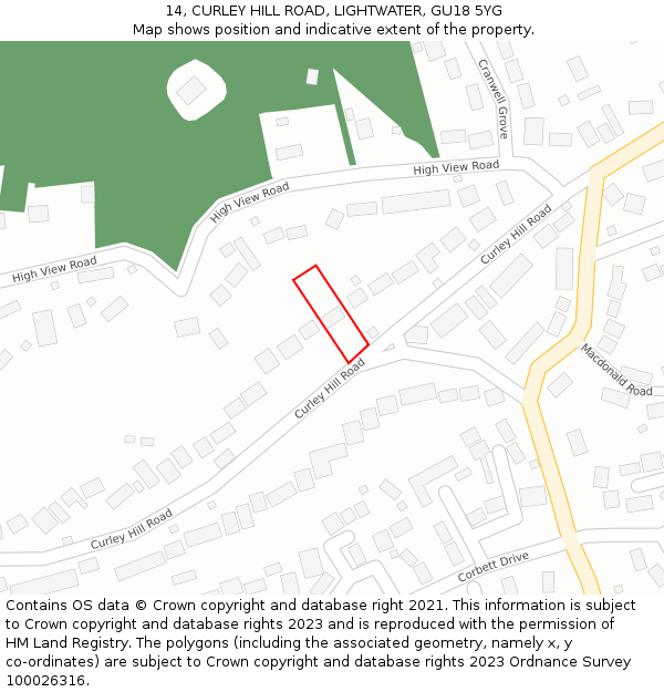 14, CURLEY HILL ROAD, LIGHTWATER, GU18 5YG: Location map and indicative extent of plot