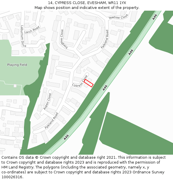 14, CYPRESS CLOSE, EVESHAM, WR11 1YX: Location map and indicative extent of plot