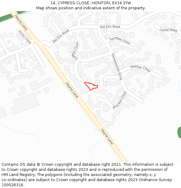 14, CYPRESS CLOSE, HONITON, EX14 2YW: Location map and indicative extent of plot