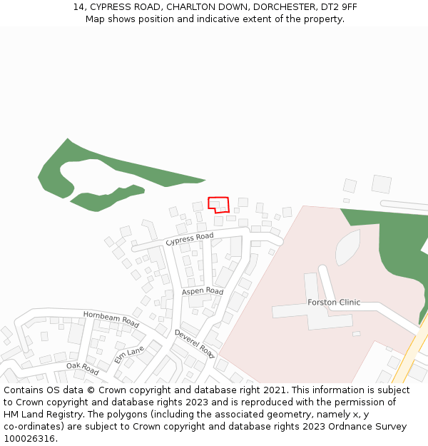 14, CYPRESS ROAD, CHARLTON DOWN, DORCHESTER, DT2 9FF: Location map and indicative extent of plot