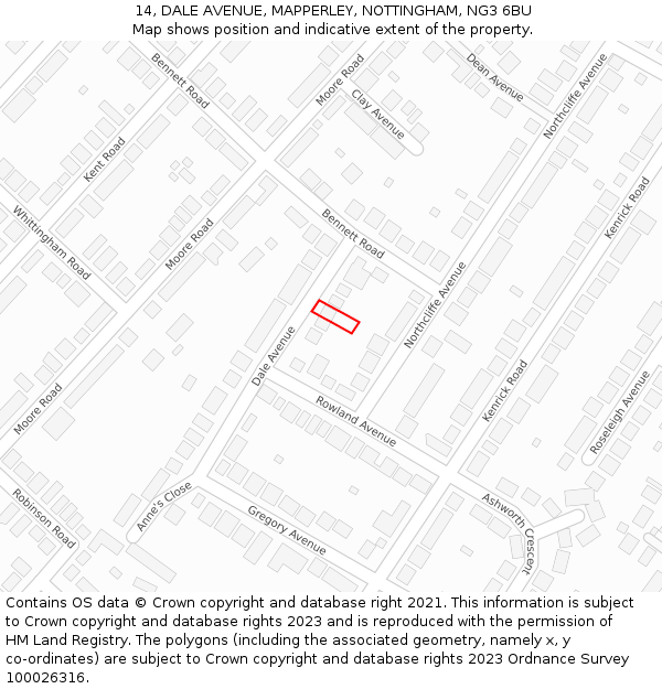 14, DALE AVENUE, MAPPERLEY, NOTTINGHAM, NG3 6BU: Location map and indicative extent of plot