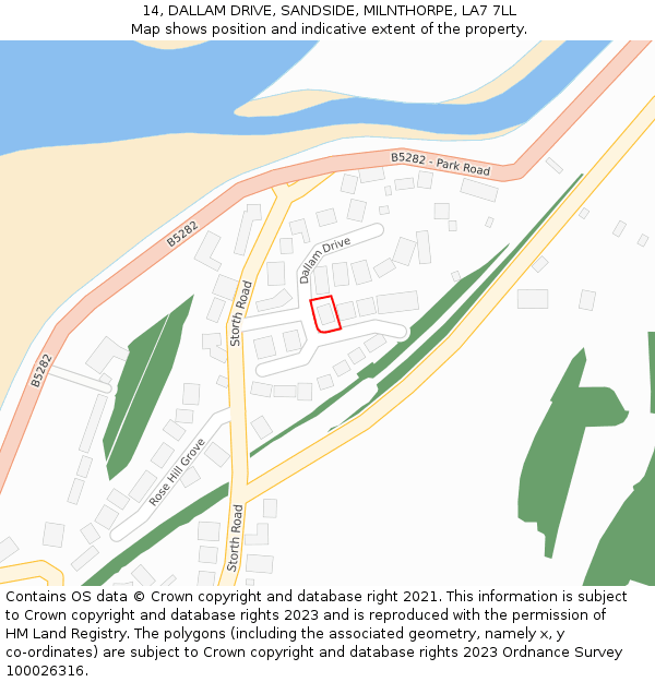 14, DALLAM DRIVE, SANDSIDE, MILNTHORPE, LA7 7LL: Location map and indicative extent of plot