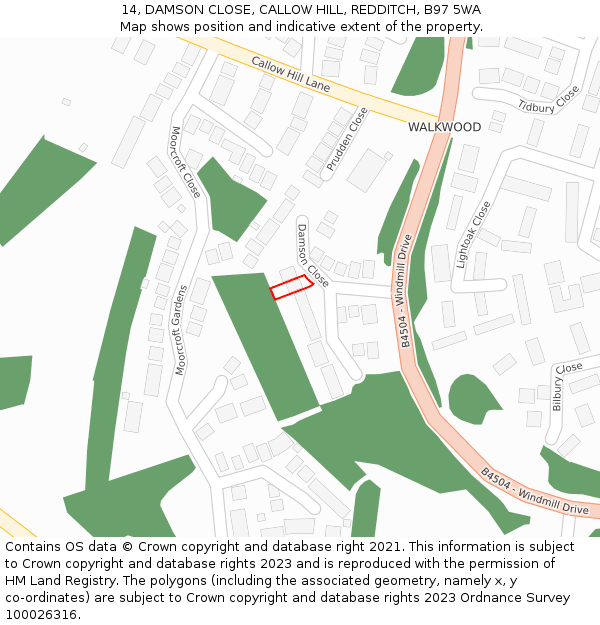 14, DAMSON CLOSE, CALLOW HILL, REDDITCH, B97 5WA: Location map and indicative extent of plot