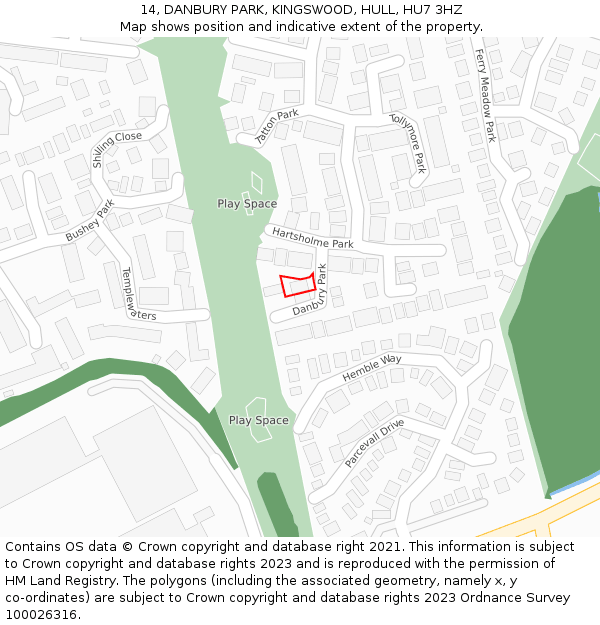 14, DANBURY PARK, KINGSWOOD, HULL, HU7 3HZ: Location map and indicative extent of plot