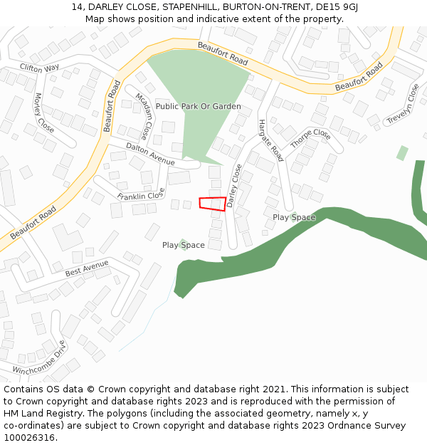 14, DARLEY CLOSE, STAPENHILL, BURTON-ON-TRENT, DE15 9GJ: Location map and indicative extent of plot
