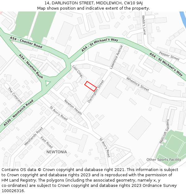 14, DARLINGTON STREET, MIDDLEWICH, CW10 9AJ: Location map and indicative extent of plot