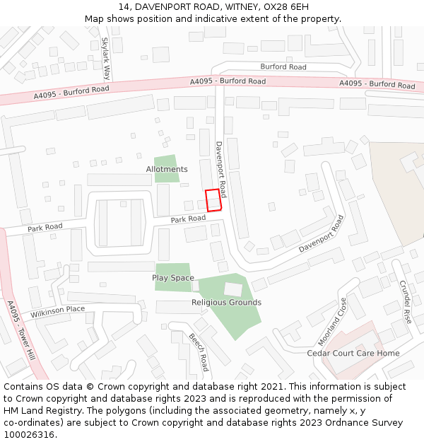 14, DAVENPORT ROAD, WITNEY, OX28 6EH: Location map and indicative extent of plot