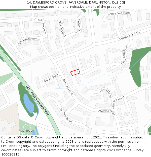 14, DAYLESFORD GROVE, FAVERDALE, DARLINGTON, DL3 0GJ: Location map and indicative extent of plot