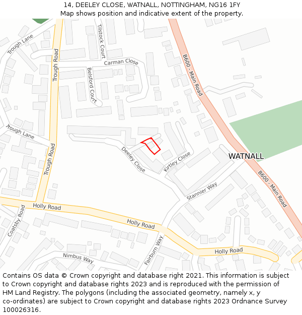 14, DEELEY CLOSE, WATNALL, NOTTINGHAM, NG16 1FY: Location map and indicative extent of plot