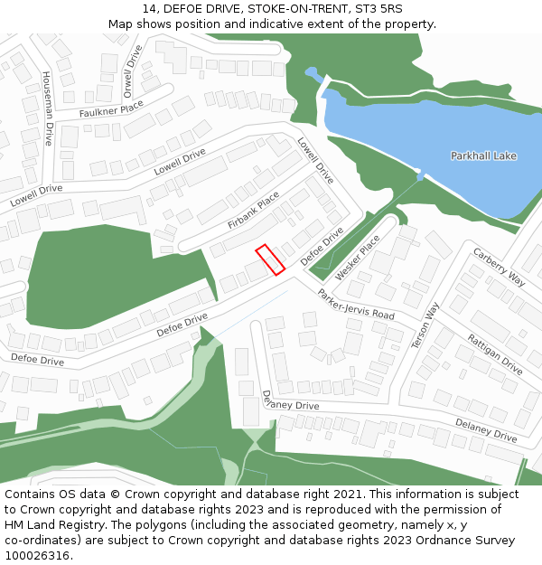 14, DEFOE DRIVE, STOKE-ON-TRENT, ST3 5RS: Location map and indicative extent of plot